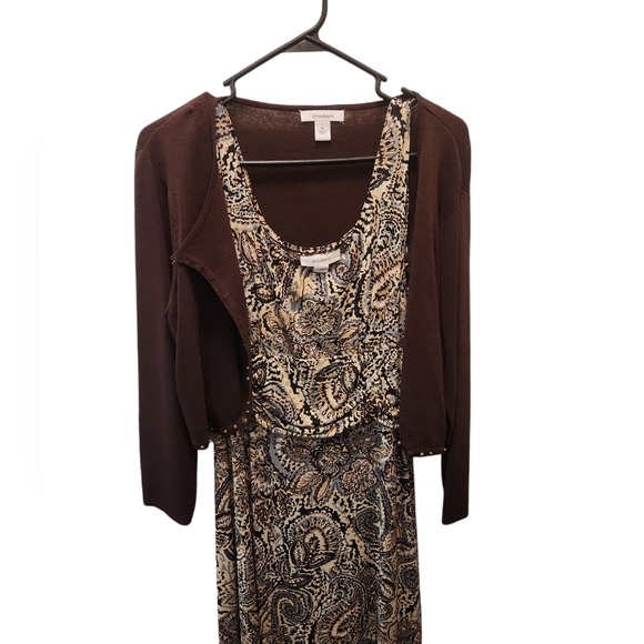Dress Barn Short-sleeved Pasley Dress and  Brown Longsleeve Cropped  Jacket - Picture 2 of 11